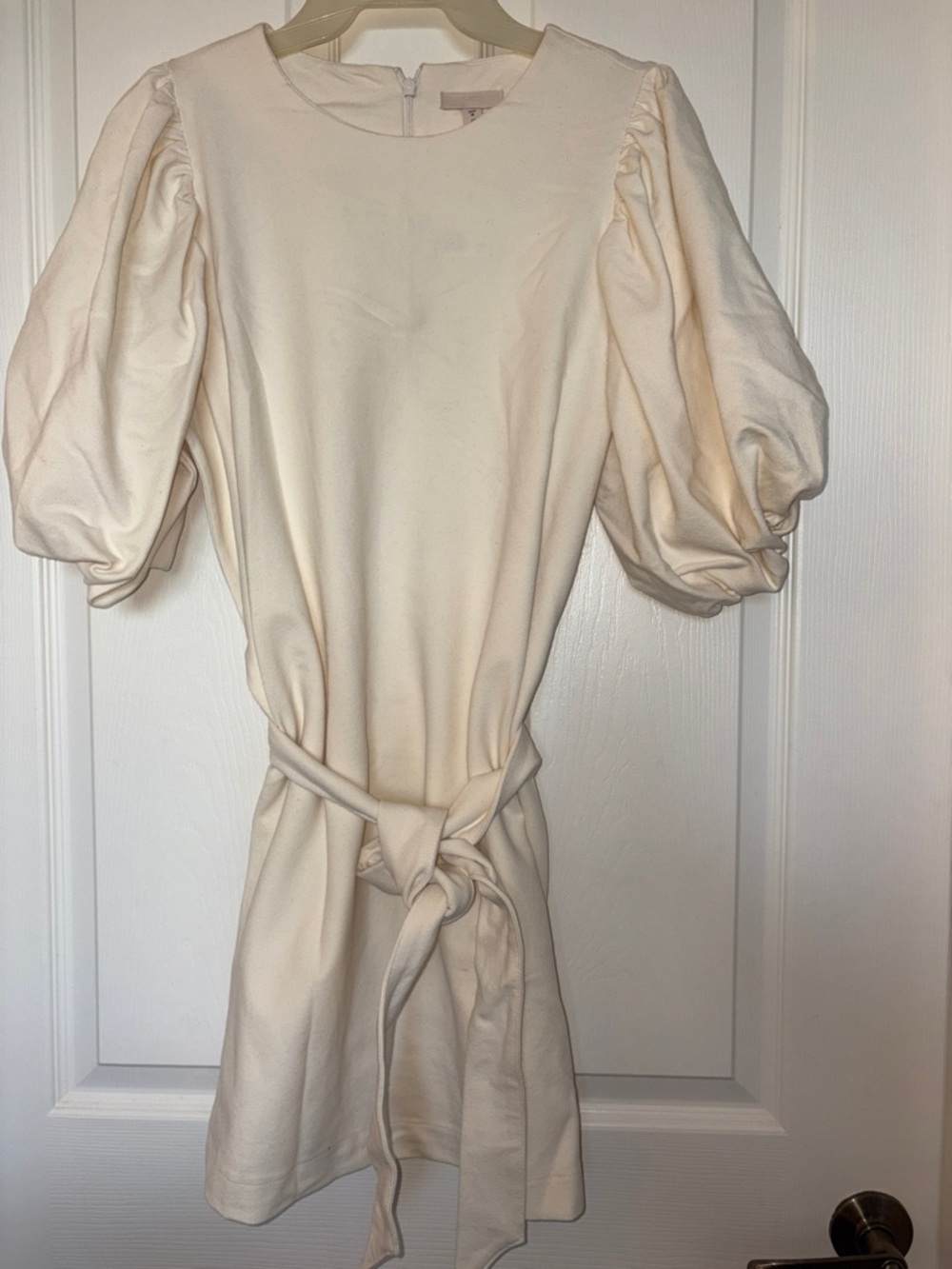 H&M Cream Puff-Sleeve Tie-Waist Mini Dress in Ivory